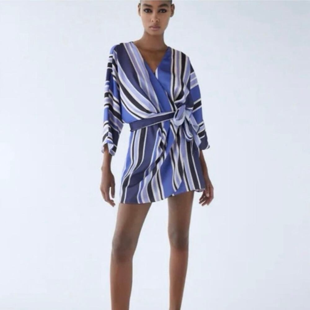 Zara Womens M Blue Striped Satin Wrap Romper Skort Kimono Sleeve Belted